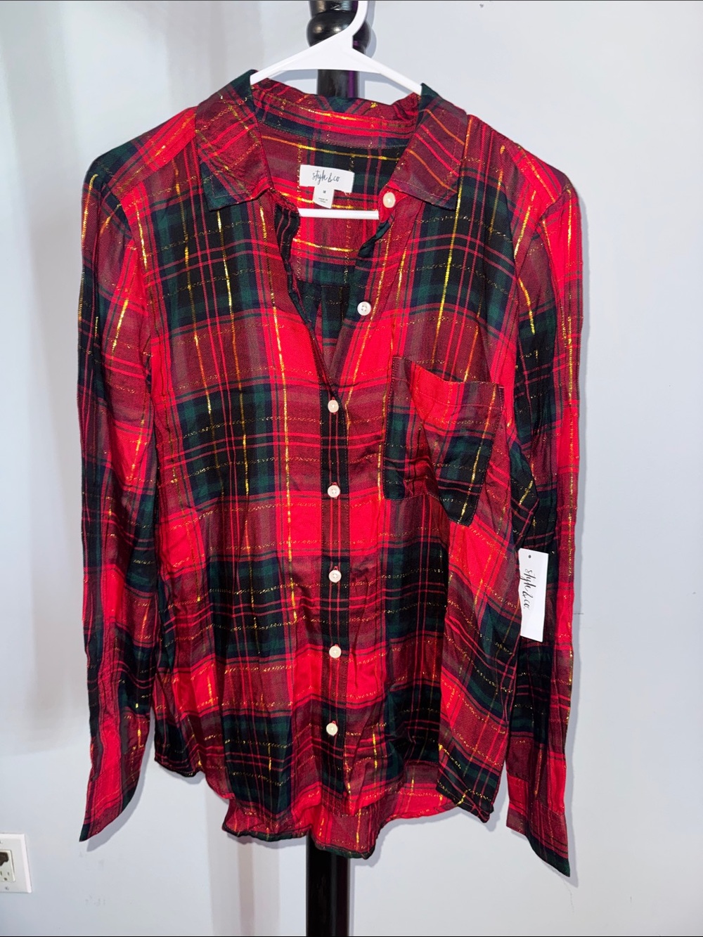 Style & Co. Red and Green Plaid Button-Down Shirt with Metallic Thread 1.T